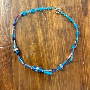 Artisan Handcrafted Blue Art Glass & Crystal Beaded Necklace - 19"